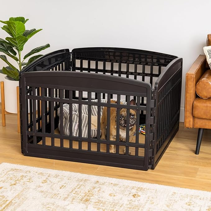 IRIS USA Dog Playpen, 4-Panel 24" Pet Playpen, Puppy Playpen, Indoor/Outdoor Dog Pen, 35 x 35 x 24, Foldable, Fold It Down, Easy Storing, Customizable, Black