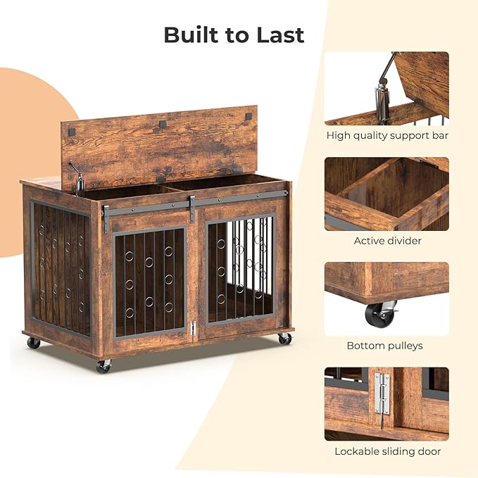 Furniture Style Dog Crate End Table with Sliding Barn Door, Indoor Dog Kennel Furniture with Removable Divider for 2 Small to Medium Pets, Brown, 39.37''W×25.2''D×28.94''H