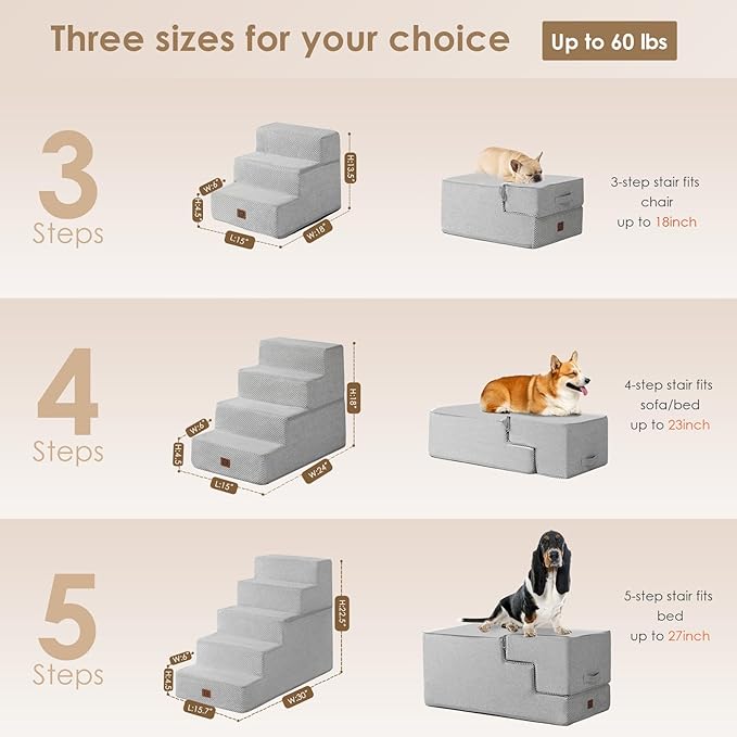 EHEYCIGA Dog Stairs for Bed 18”H, 4-Step Dog Steps for High Bed, Pet Steps for Small Dogs and Cats, Non-Slip Balanced Dog Indoor Ramp, Light Grey