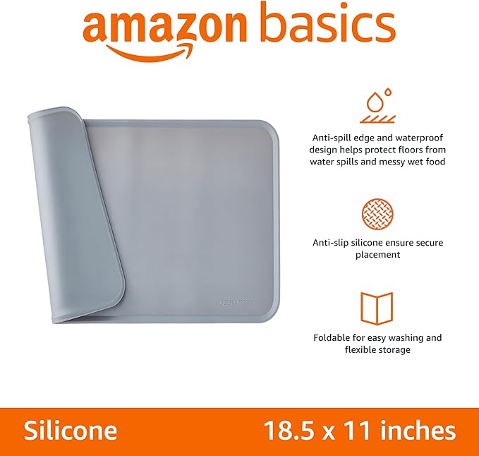 Amazon Basics Waterproof Anti-Slip Silicone Pet Food and Water Bowl Mat, Solid, 18.5 x 11.5 Inches, Gray