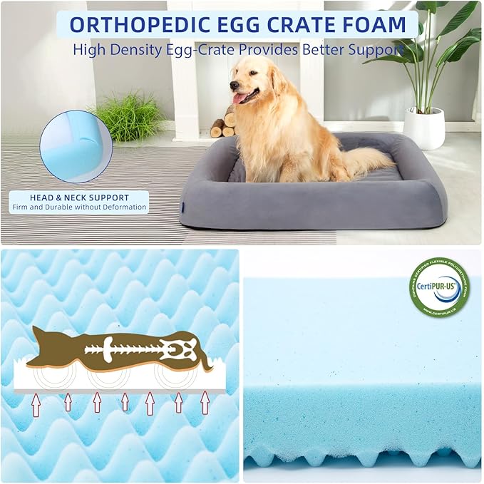 Orthopedic Dog Bed for Large Dogs Waterproof Pet Bed Soft Sofa with Two Fabrics Washable Removable Cover Egg Foam Support Anti-Slip Bottom Extra Head and Neck Support Sleeper,XL Grey