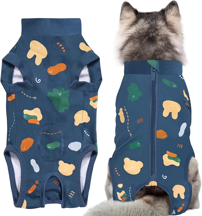 Recovery Suit for Dogs, Dog Surgery Recovery Suit with Zipper Closure Post Spay, Neuter, Abdominal Surgical Suit for Male Female Dogs Can Pee, Prevent Licking Dog Onesies, Blue Bear, 2XL