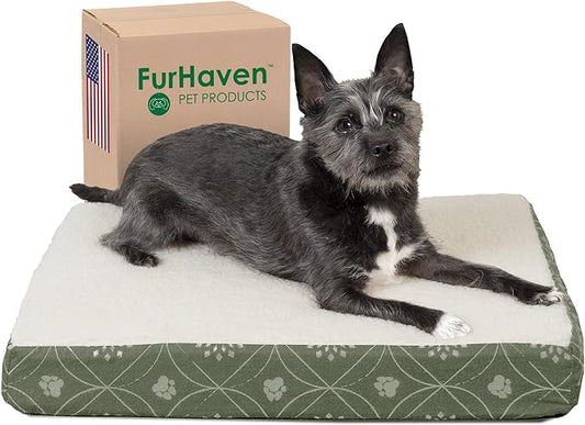 Furhaven Orthopedic Dog Bed for Small Dogs w/ Removable Washable Cover, For Dogs Up to 20 lbs - Sherpa & Flannel Paw Print Deluxe Mattress - Jade Green, Small