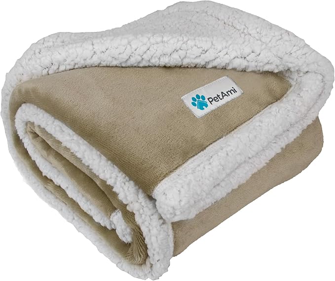 PetAmi WATERPROOF Dog Blanket For Bed, XL Dog Pet Blanket Couch Cover Protection, Sherpa Fleece Leakproof Bed Blanket Throw for Crate Kennel Sofa Furniture Protector, Reversible Soft Plush 80x60 Taupe