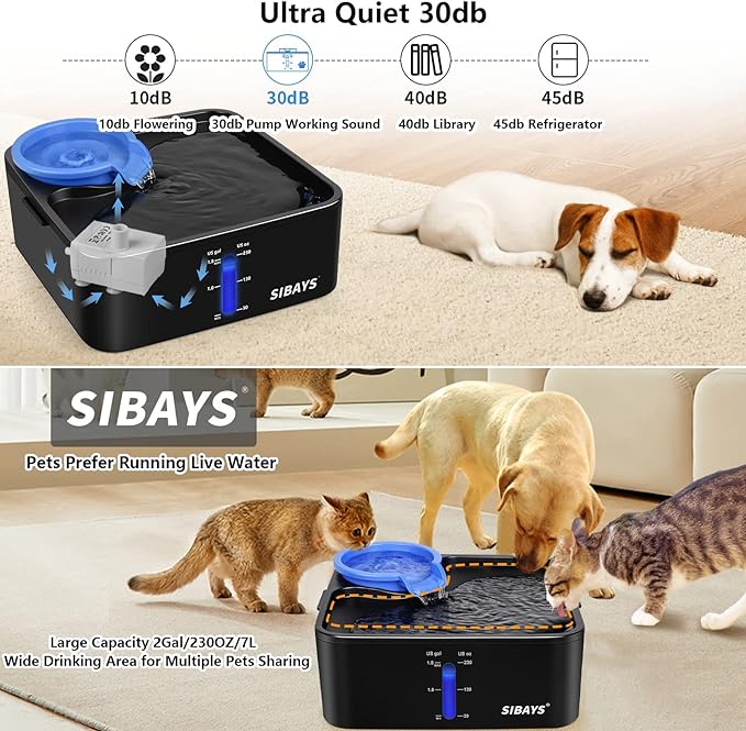 SIBAYS 230OZ 1.8GAL 7L Dog Water Fountain for Large Dogs, Medium Dogs and Cats Automaticlly Super Quiet,Pet Water Fountain for Cats,5 Layer Filter, Visible Water Reminder BPA-Free Material