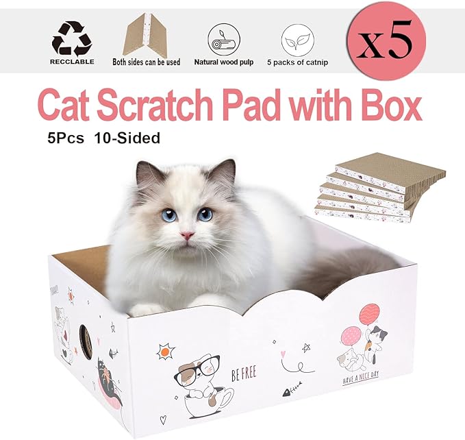 5 Packs in 1 Cat Scratch Pad with Box, Cat Scratcher Cardboard,Reversible,Durable Recyclable Cardboard, Suitable for Cats to Rest, Grind Claws and Play with Scratch Box