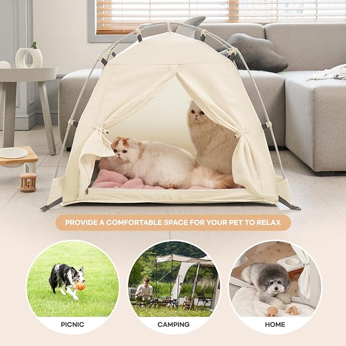 DDASUMMI Portable Pet Teepee Waterproof & Durable PE Floor Mat Dog & Cat House for Indoor/Outdoor, Camping Dog Tent Stable and Comfortable for Pets (Ivory, XL)