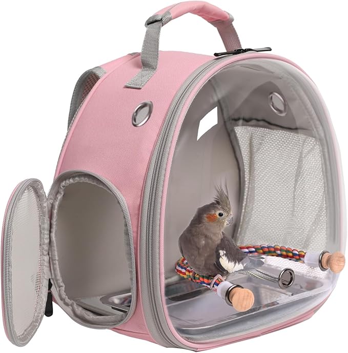 Clear Bubble Bird Carrier Backpack for Small Birds, Bird Carrier Travel Cage for Cockatiel Conure Parakeet Budgies with Stainless Steel Tray and Standing Perch