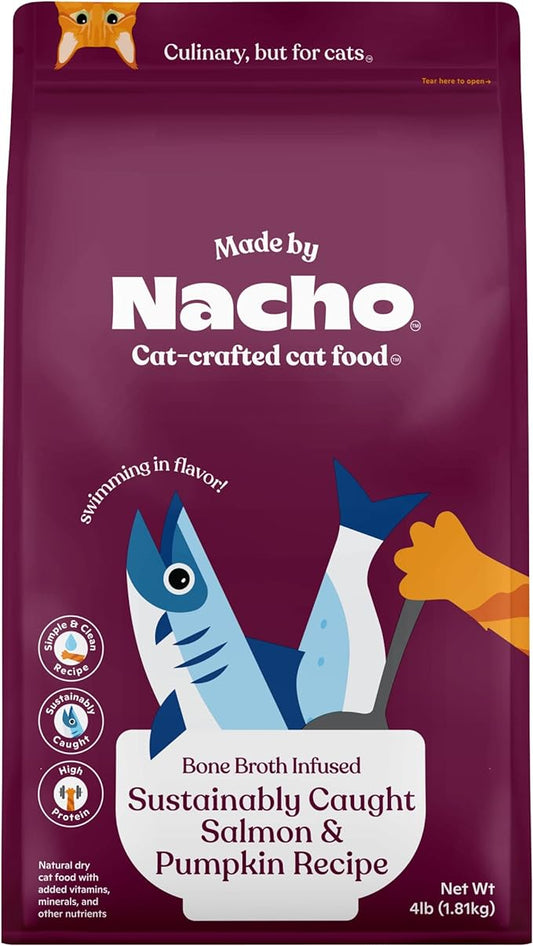 Made by Nacho Bone Broth Infused Dry Cat Kibble - Sustainably Caught Salmon and Pumpkin - Premium Grain-Friendly Cat Food 4lb Bag, Limited Ingredients