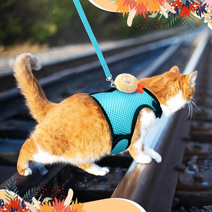 Rabbit Harness and Leash Set with 2 Cute Decorations Soft Adjustable Buckle Breathable Mesh Vest Harness for Rabbits Ferret Small Pig Puppy Walking Supplies (Light Blue,Lively Pattern)