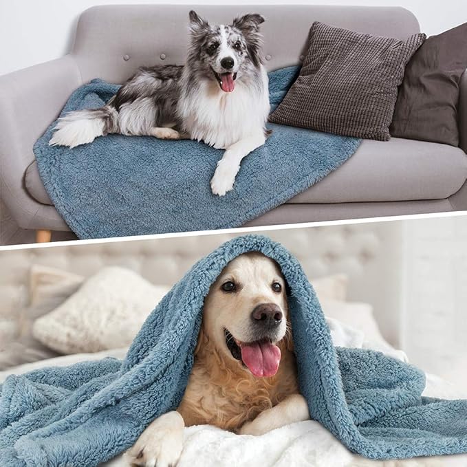 PetAmi Fluffy Waterproof Dog Blanket for Medium Large Dogs, Soft Warm Pet Sherpa Throw Pee Proof Couch Cover, Reversible Cat Bed Blanket Sofa Protector, Plush Washable Pad (Dusty Blue, 40x60)