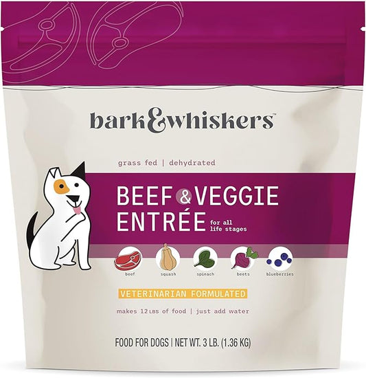 Dr. Mercola Bark & Whiskers Dehydrated Beef and Veggie Entrée, 3 lb., Makes 12 lbs. of Food for Dogs, Digestive Support, Vet Formulated, Non-GMO