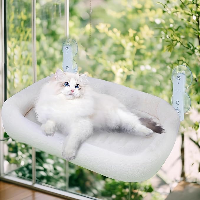 Cat Window Perch Sturdy Cat Window Hammock with 4 Strong Suction Cups and Metal Frame-Cat Bed for Windowsill,Floor,Bedside or Cabinet-Suitable for Large Cats(L-White Bed Cover)