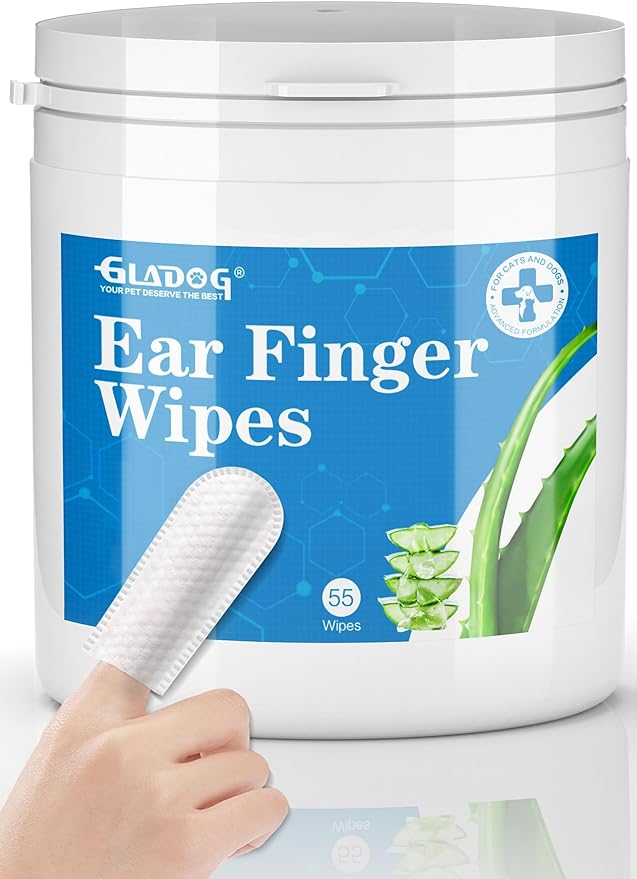 GLADOG Dog Ear Cleaner Finger Wipes, Ear Finger Wipes for Dogs Cats, Gently Removes Dirt & Odor, Dissolves Wax Build-Up, Easy to Use, Ear Cleaning Finger Wipes for Dogs, Natural Ingredients - 55 Count