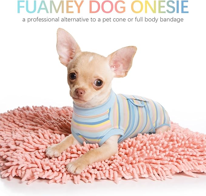 FUAMEY Recovery Suit for Dogs After Surgery,Soft Breathable Dog Bodysuit E-Collar & Cone Alternative Surgical Suit,Male Female Dog Neuter Spay Suits Anti Licking Wounds Onesie Blue Yellow Stripes XS