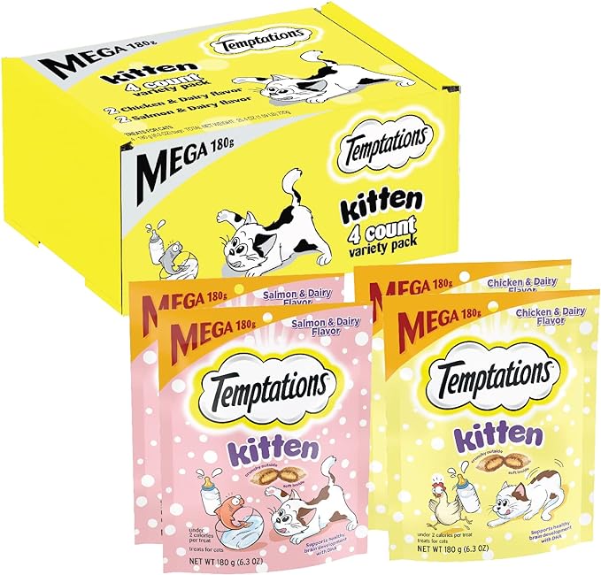 Temptations Kitten Treats, Chicken & Dairy and Salmon & Dairy, Crunchy and Soft Treat, 4-Pack Multipack (6.3 Ounce Per Pack)