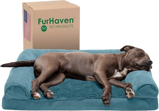 Furhaven Orthopedic Dog Bed for Large/Medium Dogs w/ Removable Bolsters & Washable Cover, For Dogs Up to 55 lbs - Plush & Suede Sofa - Deep Pool, Large