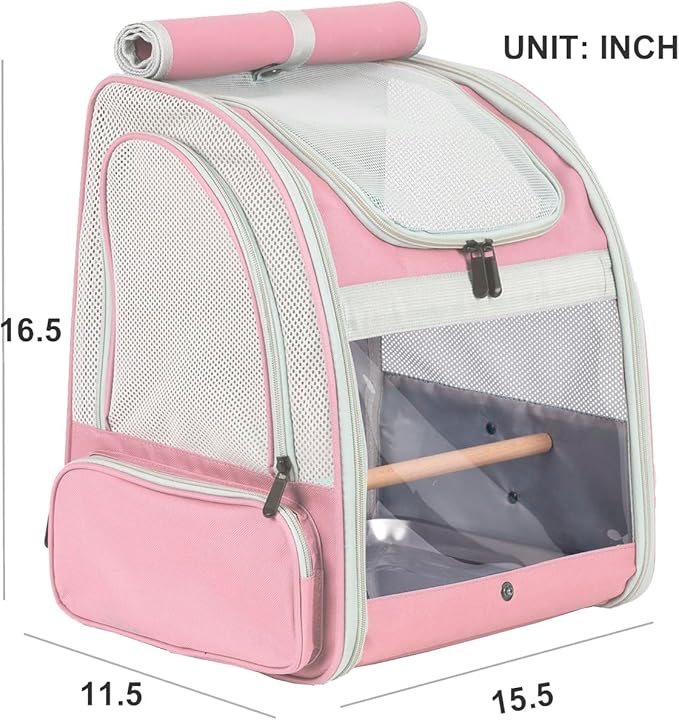 Bird Carrier Backpack with Wooden Stand Perch, Bird Travel Carrier Backpack (Pink, Bird Backpack)