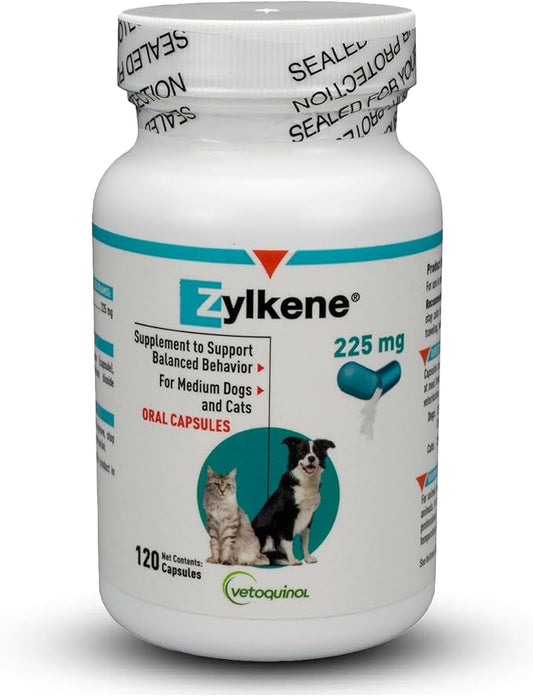 Vetoquinol Zylkene Calming Support Supplement for Medium Dogs 33-65lbs Helps Promote Relaxation and Reduce External Stress Factors, Daily Behavioral Support and Anxiety Relief for Dogs, 225mg