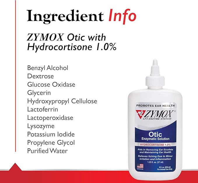 Zymox Otic Enzymatic Solution for Dogs and Cats to Soothe Ear Infections with 1% Hydrocortisone for Itch Relief, 8oz