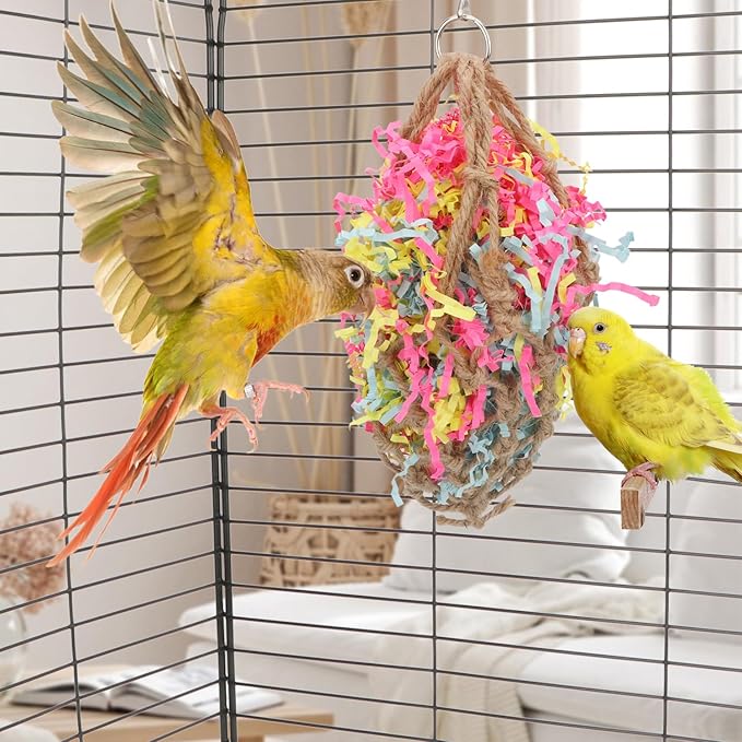 Bird Jute Paper Strips Parrot Mesh Bag Hanging Chewing Toy for Parakeet Cockatiel Conure Cockatoo African Grey Macaw