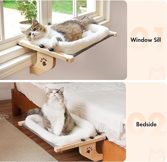 AMOSIJOY Cat Sill Window Perch Sturdy Hammock Seat with Cushion Bed Cover, Wood & Metal Frame for Large Cats, Easy to Adjust Windowsill, Bedside, Drawer and Cabinet(Cushion Bed)