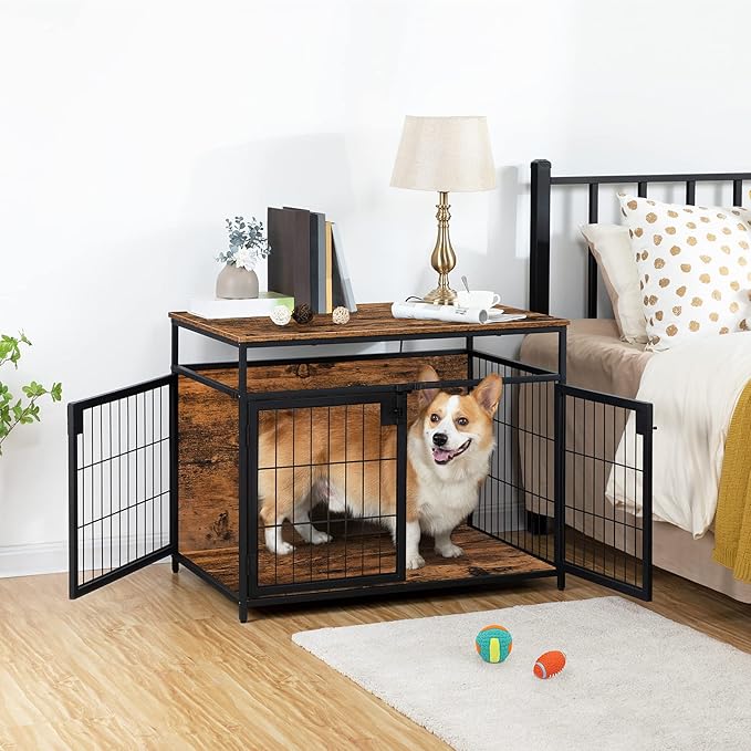 HOOBRO Dog Crate Furniture, 31.5 Inches Wooden Dog Crate, Dog Kennels Indoor with 3 Doors, Decorative Pet House End Table, for Small/Medium Dog, Chew-Resistant, Rustic Brown and Black BF83GW03