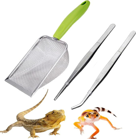 Reptile Sand Substrate Scoop Reptile Sand Fine Mesh Reptile Scooper Stainless Steel Terrarium Substrate Sand Bedding Litter Cleaner Scoop and Reptile Long Feeding Tongs Set (Green-2mm)