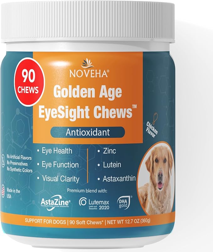 NOVEHA Eye Supplement for Dogs (90 Chews)- Vision Support with Lutein + Vitamin C & Astaxanthin Antioxidants - Dog Vitamins for Eyes + Fish Oil for Omega 3 EPA - Made in USA