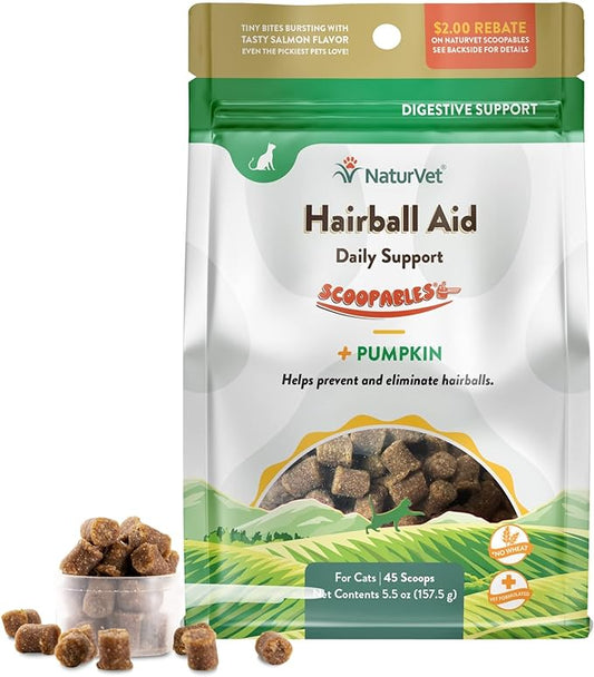 NaturVet Scoopables Hairball Aid for Cats - Helps Prevent & Eliminate Hairballs - Psyllium Husk & Pumpkin - Salmon Flavored Cat Health Supplement - Tastes Like Treats & Prevents Hairballs | 5.5oz Bag