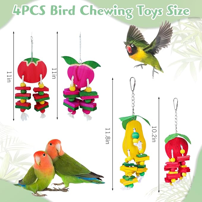 Hamiledyi 4 PCS Bird Toys Parrot Toys Multicolor Natural Wooden Block Bird Chewing Toys Parrot Cage Bite Toys for Conures Parakeets Cockatiels Lovebirds African Grey Macaws Amazon Parrots