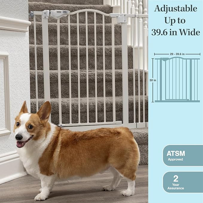 InnoTruth 29-39.6" Baby Gate for Pets, Auto Close Both Sides Dog Gate with One-Hand Opening, 30" Tall Safety Gates for Stairs, Hallways, Bedrooms, Wall Pressure Mount No Drill, White