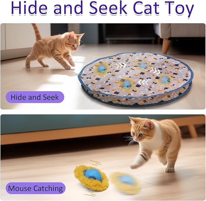 Interactive Cat Toys Ball Fast Rolling in Pouch, Motion Activate Chirping Cat Toy Hide and Seek Mouse Catching Game (Blue)