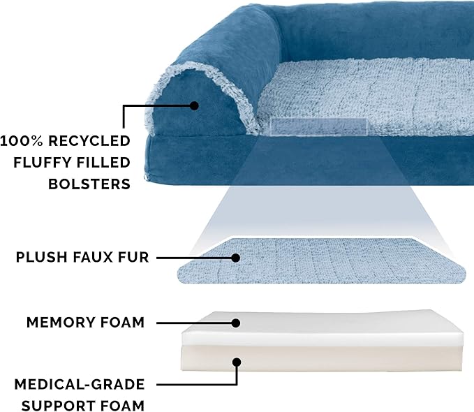 Furhaven Memory Foam Dog Bed for Large Dogs w/ Removable Bolsters & Washable Cover, For Dogs Up to 95 lbs - Two-Tone Plush Faux Fur & Suede L Shaped Chaise - Marine Blue, Jumbo/XL