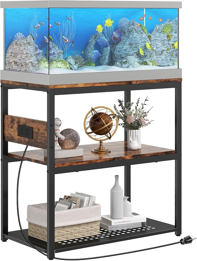 20-29 Gallon Fish Tank Stand With Power Outlets, 3-Tier Metal Aquarium Stand, Breeder Reptile Tank Stand with Shelf for Home Office, 500LBS Capacity, 29.5 x 15.8 x 30.1 inches