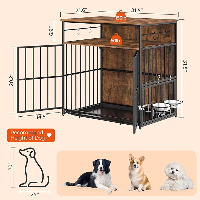 Dog Crate Furniture with Storage, 31.5" Heavy Duty Dog Kennel with Bowls & Removable Tray, Wooden Dog Cage End Table for Small/Medium Dogs, Chew-Resistant, Rustic Brown DCHR10801