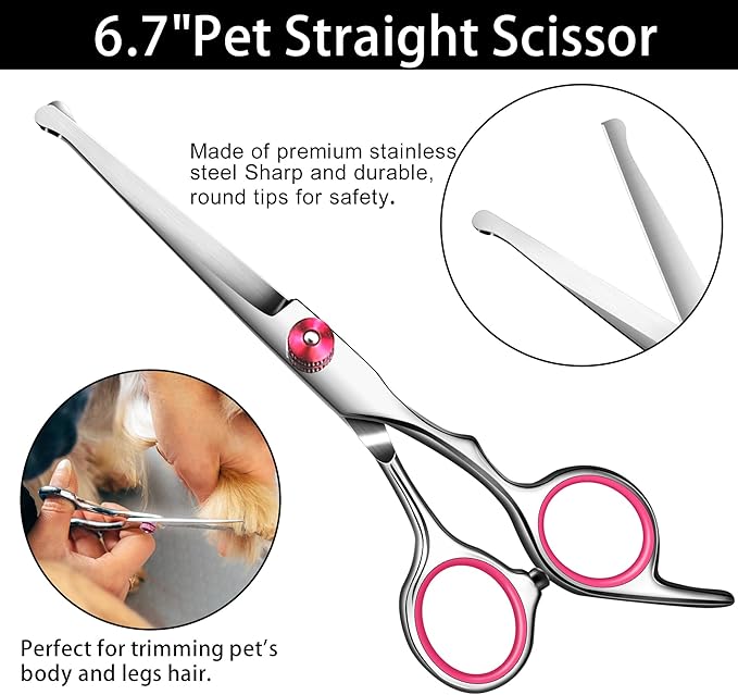 Pink Dog Grooming Scissors with Safety Round Tip,Pet Grooming scissors Kit,Dog Shears kit,Incudes Thinning,Curved,Straight Grooming Scissors，Nail Clippers,Nail File and Comb for dogs,cats.