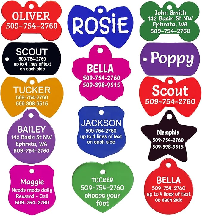 GoTags Personalized Colorful Dog Tags, Aluminum Pet ID Tags Engraved with Name in Bone, Round, Heart and More Shapes