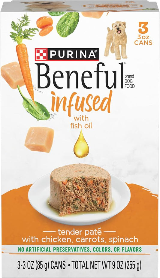 Purina Beneful Infused Wet Pate Dog Food with Real Chicken, Carrots and Spinach, with Fish Oil for Dogs - (8 Packs of 3) 3oz. Sleeves