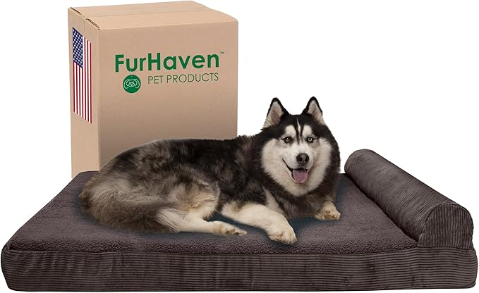 Furhaven Cooling Gel Dog Bed for Large Dogs w/ Removable Bolster & Washable Cover, For Dogs Up to 125 lbs - Fleece & Corduroy Bolster Chaise - Dark Espresso, Jumbo Plus/XXL