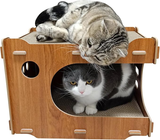 Wood Cat Scratcher House Cardboard with 2 PCS Cat Scratch Pads Cute Cat Scratchers Lounge Bed for Indoor Cats Cat Box cat Scratching House Wooden Cat Scratch House with Scratcher