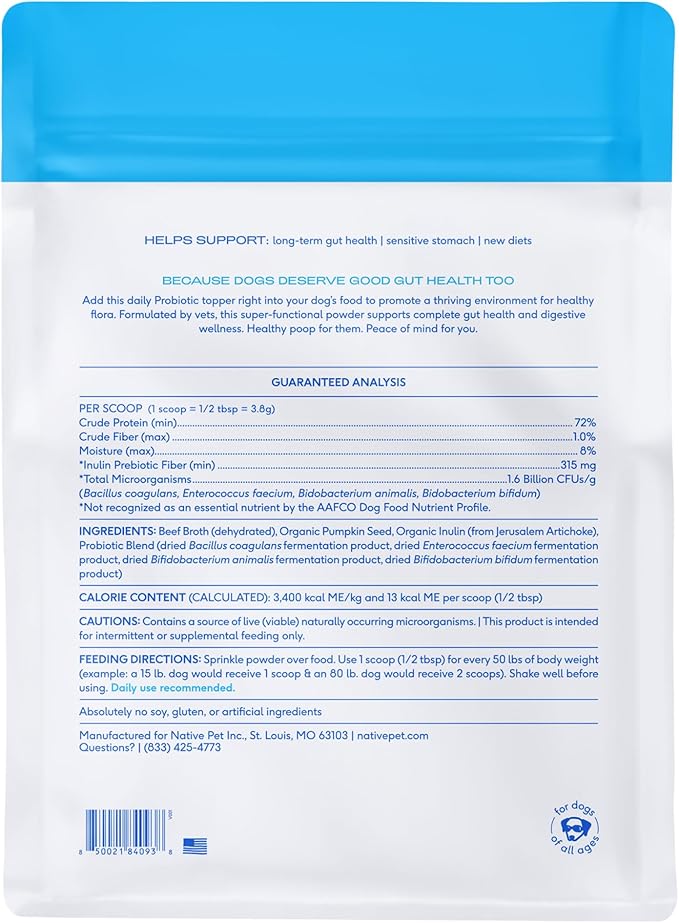 Native Pet Probiotic for Dogs - Vet Created Powder Digestive Issues Dog Probiotics + Prebiotic Bone Broth 232 Gram 6 Billion CFU - Dog Supplies - Powder Prebiotics and Probiotics Dogs Love! (32.8 oz)