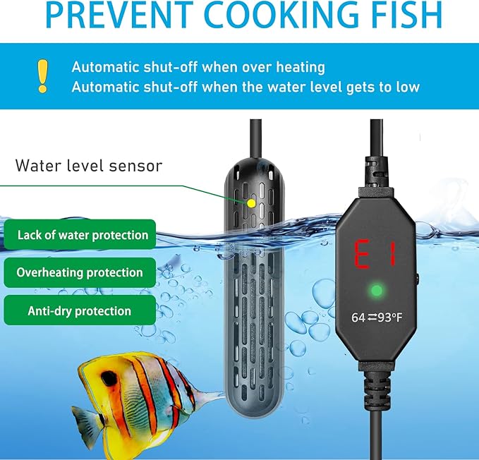 YukiHalu Small Aquarium Heater 25/50/100/150W with Protective Cover, Mini Fish Tank Heater, External Controller, Temperature Adjustable, Digital Display, Used for 5/10/20/30 Gallons (50W-10Gallon)