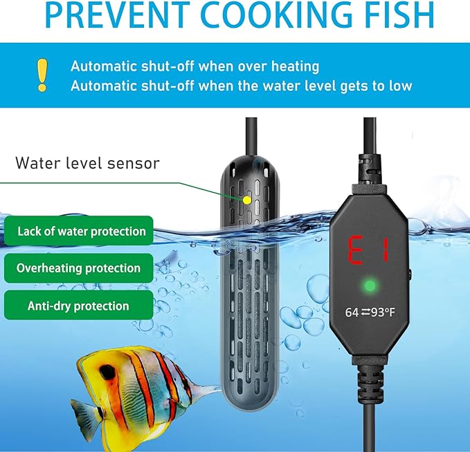 YukiHalu Small Aquarium Heater 25/50/100/150W with Protective Cover, Mini Fish Tank Heater, External Controller, Temperature Adjustable, Digital Display, Used for 5/10/20/30 Gallons (100W-20Gallon)