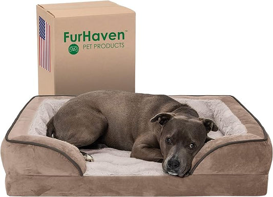 Furhaven Orthopedic Dog Bed for Large/Medium Dogs w/ Removable Bolsters & Washable Cover, For Dogs Up to 55 lbs - Plush & Velvet Waves Perfect Comfort Sofa - Brownstone, Large