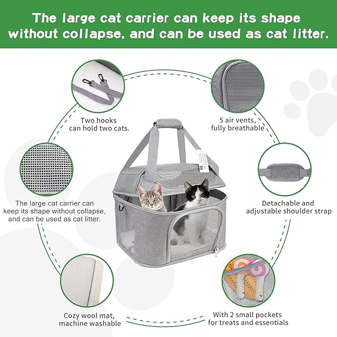 Large Cat Carrier for 2 Cats, Soft Side Pet Carrier for Cats Small Dog, Collapsible Travel Dog Carrier Bag, OEKO-TEX Certified TSA Airline Approved Cat Carrier Backpack for Cats 20 lbs (Gray)