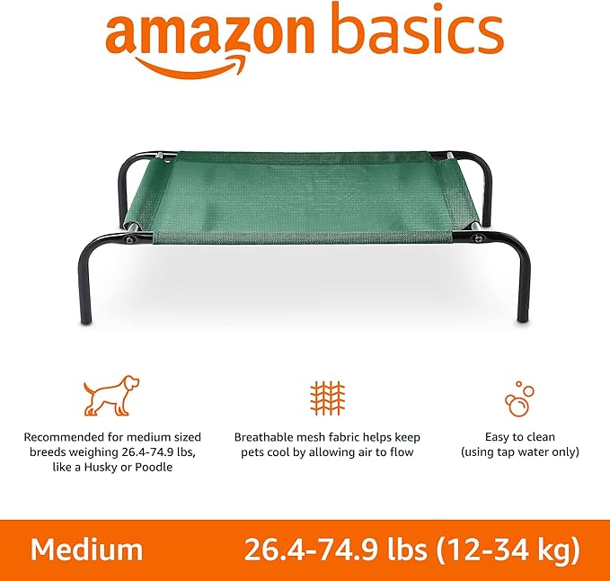 Amazon Basics Cooling Elevated Dog Bed with Metal Frame, Medium, 43"L x 25.6"W x 7.5"Th, Green