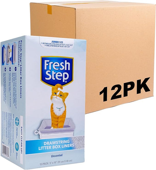 Fresh Step Drawstring Cat Litter Box Liners, Unscented, Size Jumbo, 36" x 19" | Kitty Litter Bags - Cat Litter Liners for Rectangle or Oval Large Litterboxes, 15 Count - 12 Pack