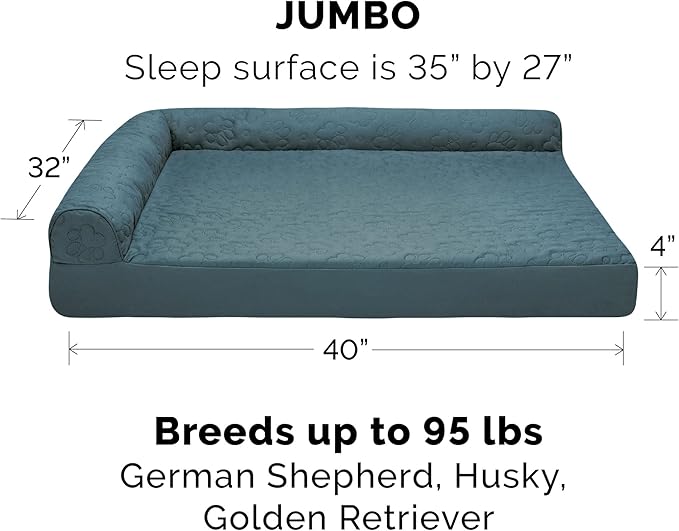 Furhaven Cooling Gel Dog Bed for Large Dogs w/ Removable Bolsters & Washable Cover, For Dogs Up to 95 lbs - Pinsonic Quilted Paw L Shaped Chaise - Bluestone, Jumbo/XL