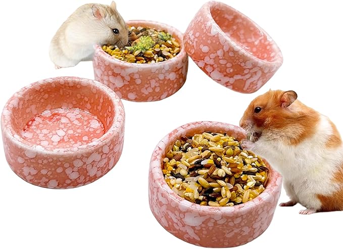 kathson 4 Pcs Hamster Food Bowl Guinea Pig Ceramic Water Bowl Small Animal Feeding Dish for Dwarf Hamster Gerbil Syrian Ferret Hedgehog Chinchilla Bunny (Pink)